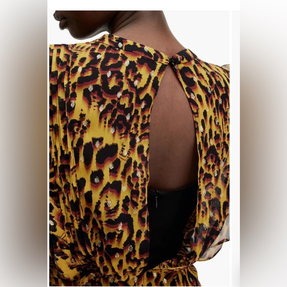 All Saints Hali Pleated Leopard Notes Yellow Multi Mini Dress Size 8 NWT - Picture 8 of 16